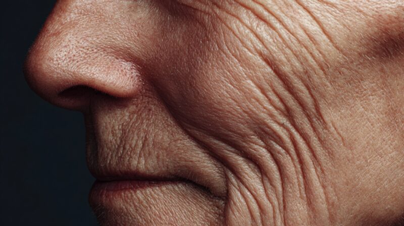 Close-up side view of aging facial skin with visible wrinkles around the mouth and cheek