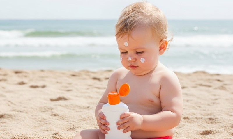 A baby with sunscreen on their cheeks and nose sits on a sandy beach, holding a sunscreen bottle