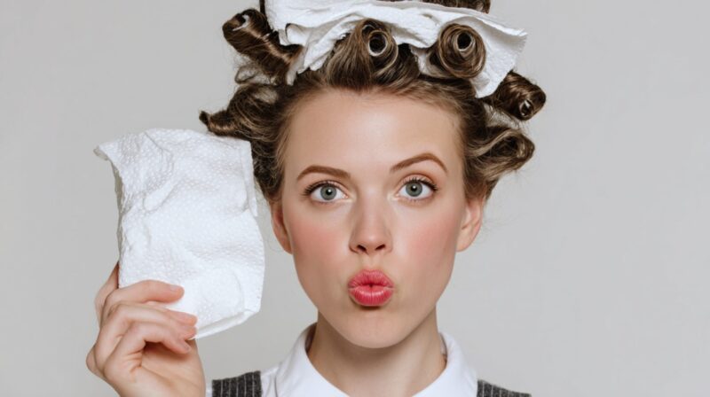 Person facing the camera with hair rolled into paper towel curls, holding a folded paper towel and making a playful expression