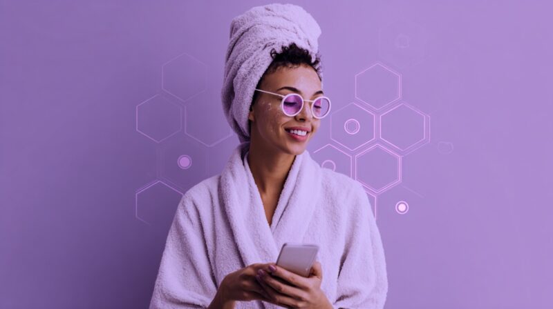 Person in a bathrobe using a smartphone with digital skincare icons in the background