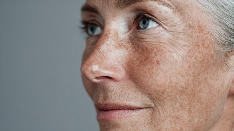 Close-up profile of an older woman with freckles and fine lines on her face
