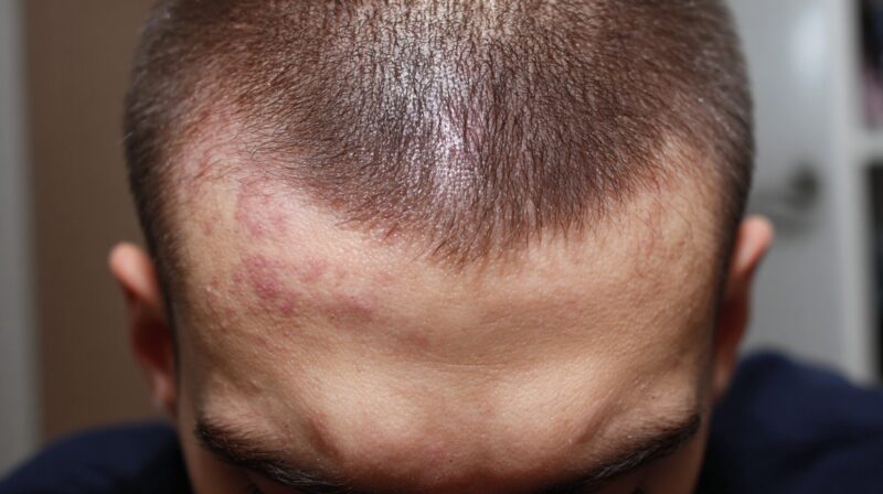 Top-down view of a person’s scalp with visible red patches along the hairline