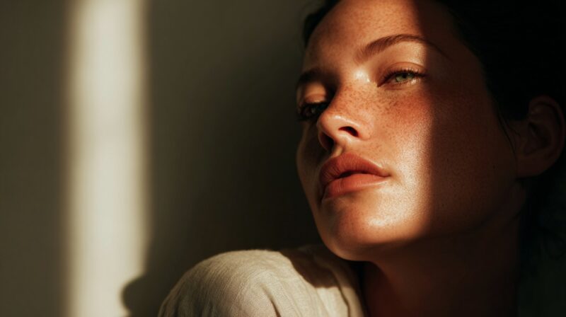 Close up portrait of a person with freckled, glowing skin in soft natural light