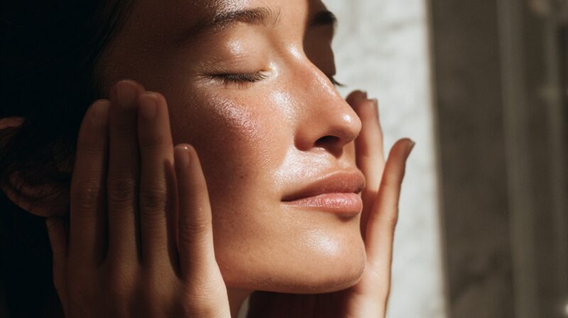 Close up of a person with eyes closed gently touching hydrated, glowing skin