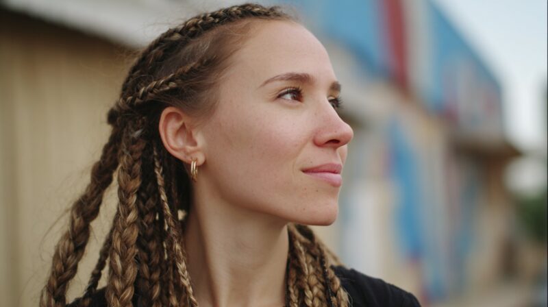 Person outdoors with neatly styled small braids, looking to the side with a soft, natural expression