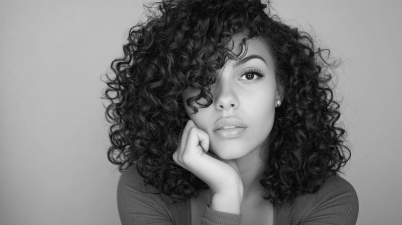 Black-and-white portrait of a woman with shoulder-length, tight curls resting her chin on her hand against a plain background