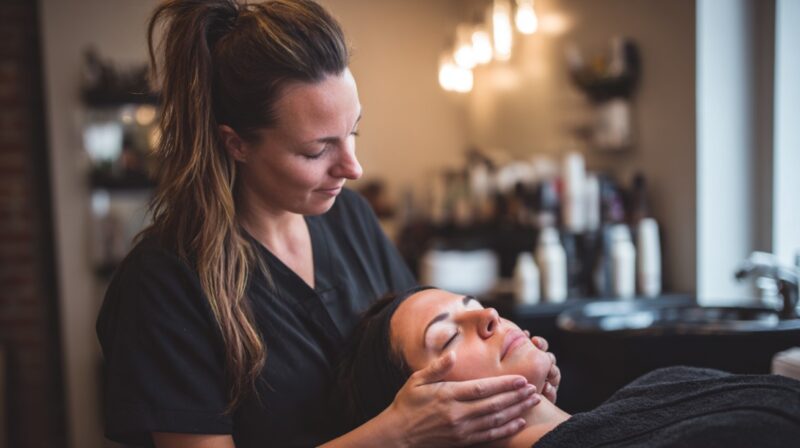 Esthetician gently massaging a client’s face in a spa setting