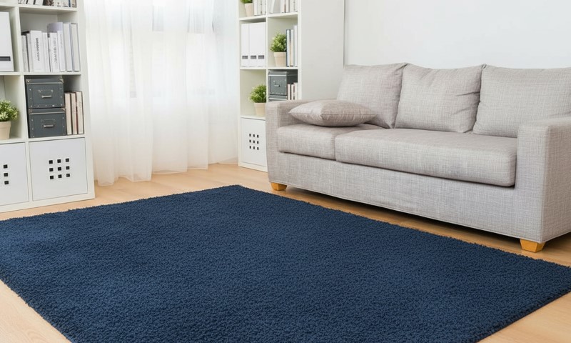 A cozy living room with a light gray sofa, plush cushions, and white shelving