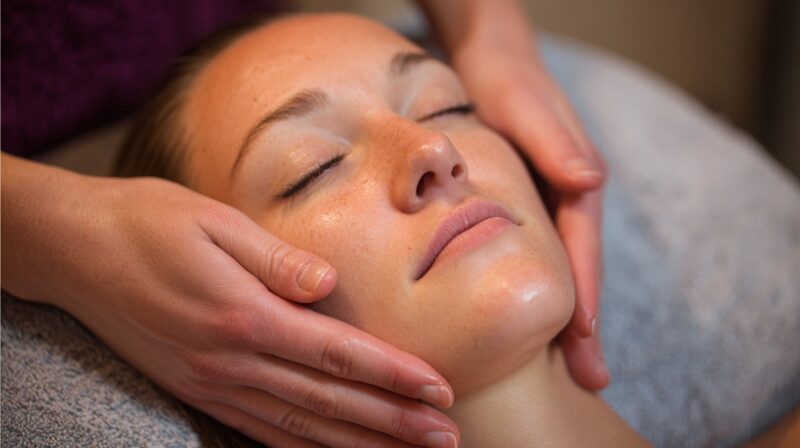Woman with eyes closed receiving a facial massage, with a practitioner’s hands supporting her jaw and cheeks