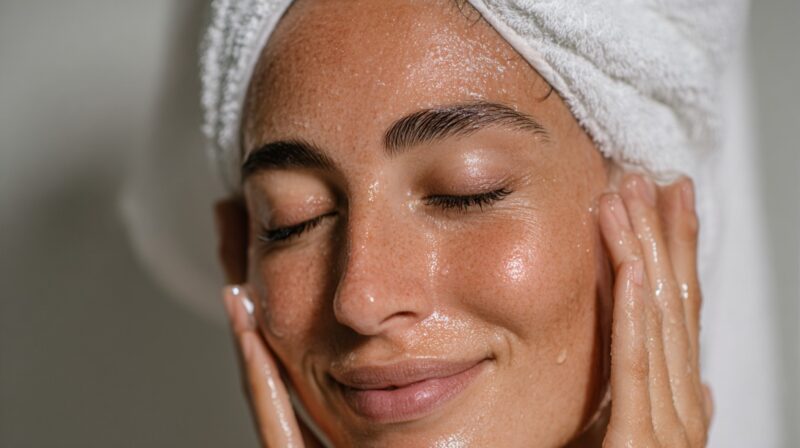 Woman with eyes closed applying skincare to her face, skin appearing hydrated and glowing