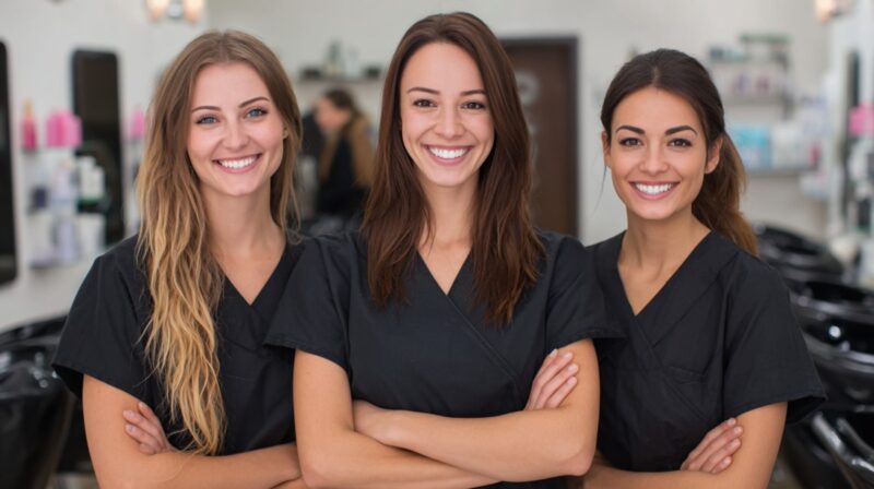 Three licensed beauty professionals in black uniforms smiling in a salon