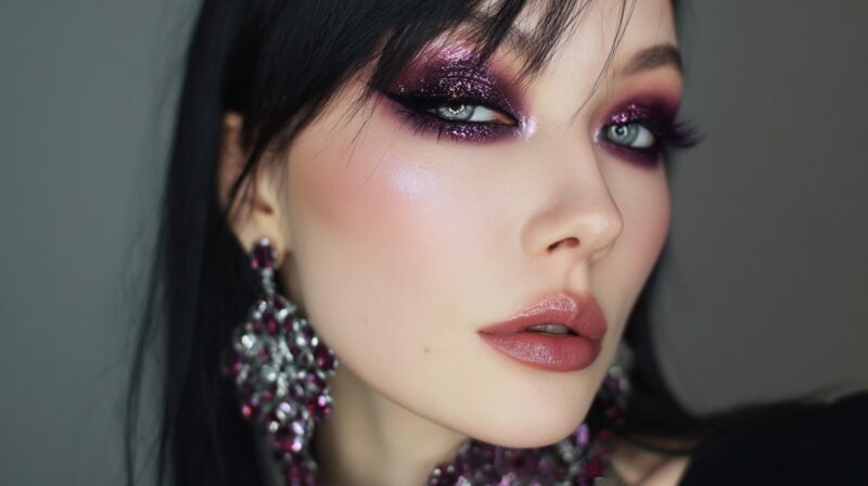 Person wearing deep plum metallic eyeshadow, luminous skin, and crystal statement earrings