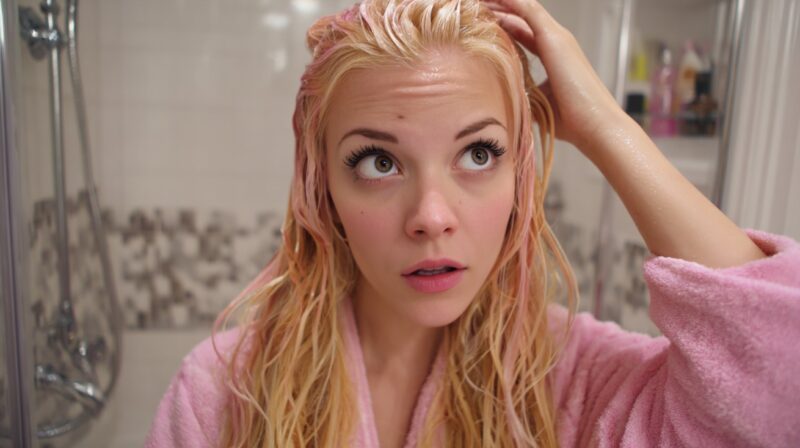 Woman in a pink robe touching her damp hair in a bathroom, looking concerned about dryness or damageWoman in a pink robe touching her damp hair in a bathroom, looking concerned about dryness or damage