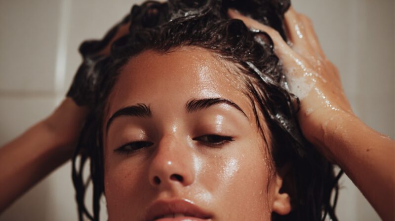 Close-up of a woman shampooing her hair in the shower with lather and water on her scalp