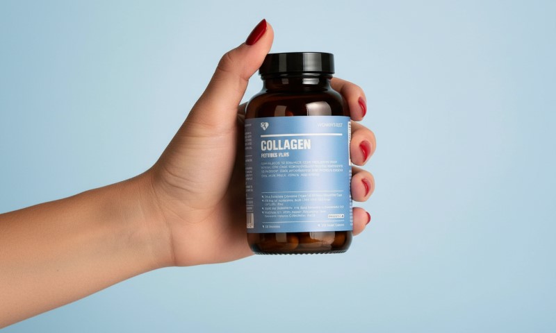 A hand with red nails holds a brown bottle of collagen supplements against a light blue background