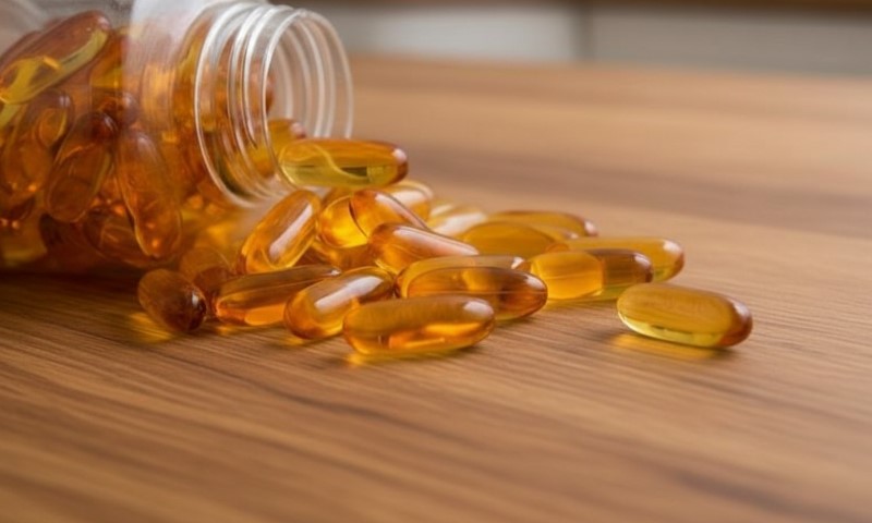 Open bottle of golden, oval-shaped capsules spilling onto a wooden surface