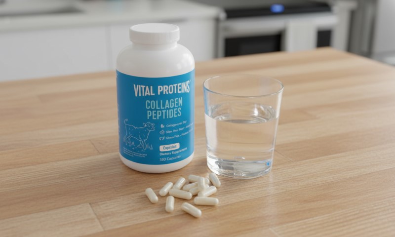 A bottle of Vital Proteins Collagen Peptides capsules sits on a wooden table beside a glass of water and several loose capsules