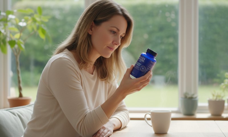A woman in a white sweater examines a blue supplement bottle thoughtfully