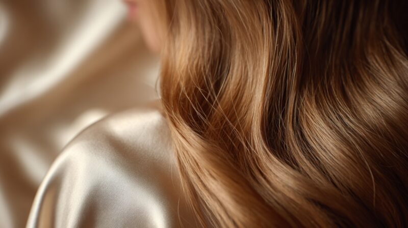 Close up of smooth, shiny hair resting against a silk fabric