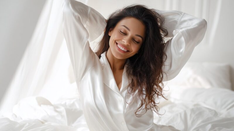 Smiling woman in white pajamas sitting on a bed with soft bedding