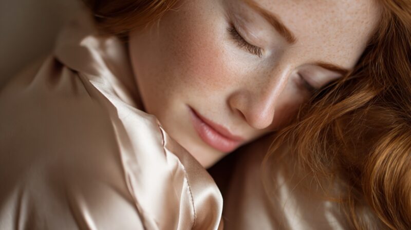 Close up of a woman resting her face on a silky pillowcase
