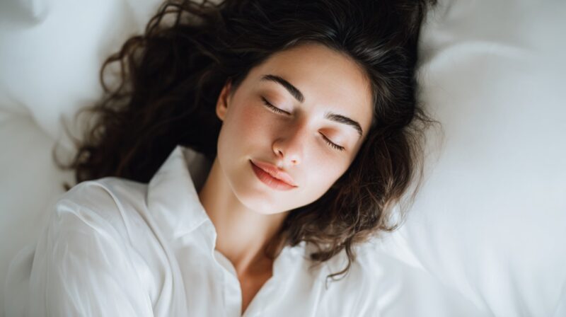 Woman with closed eyes resting peacefully on light bedding