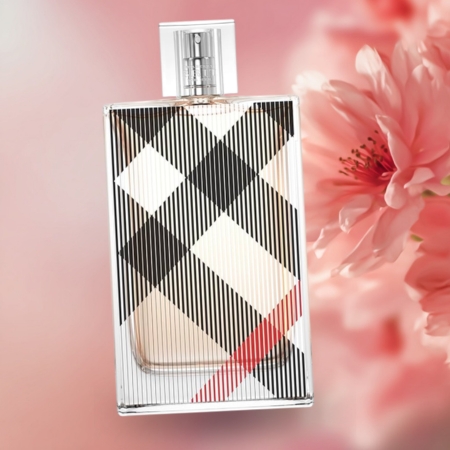 Burberry Brit for Her perfume bottle with a black, white, and red check pattern