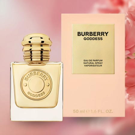 Burberry Goddess Eau de Parfum bottle and box displayed on a soft pink floral background