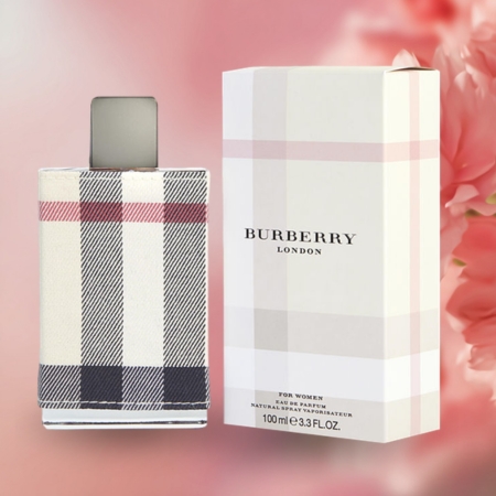 Burberry London for Women perfume bottle and box featuring the iconic Burberry plaid pattern