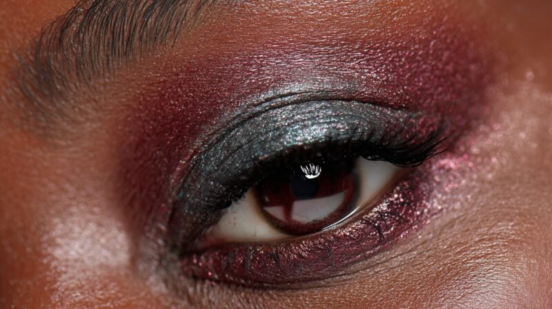 Close up of eye with deep red and metallic silver eyeshadow