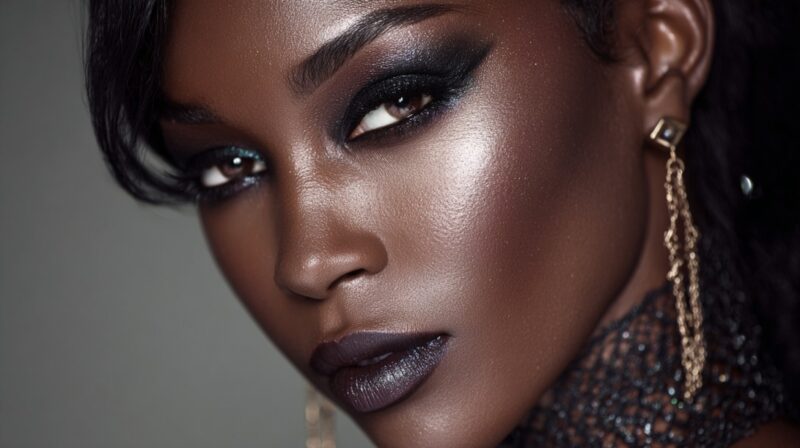 Portrait with dramatic smoky eyeshadow on deep skin tone