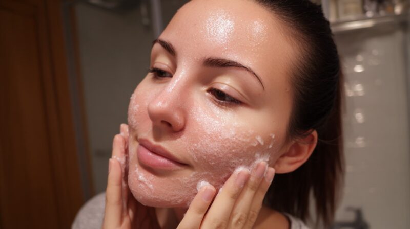 Person applying a foamy skincare product to their face in a bathroom