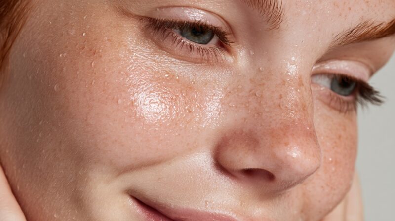 Close up of a smiling person with dewy skin and visible freckles