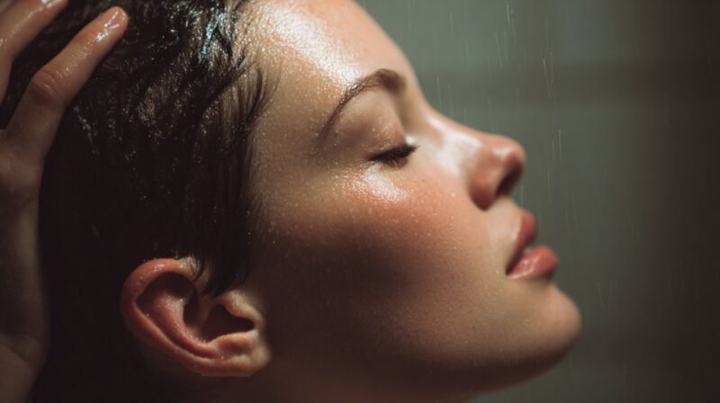 Close up of a woman under running water gently holding her wet hair and scalp