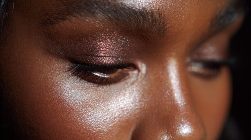 Close up of eyes with soft warm brown shimmer eyeshadow on deep skin