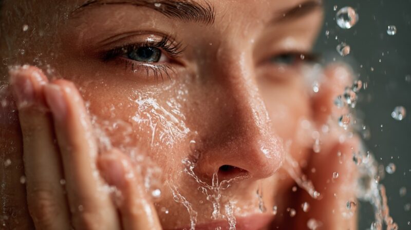 Close-up of a person washing their face with water, highlighting skin cleansing