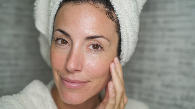 Woman with a towel wrapped around her head gently touching her cheek in a bathroom setting