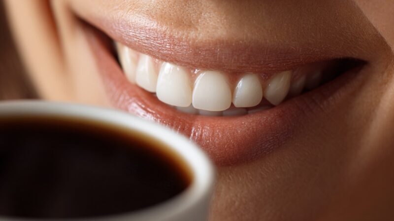 Close-up of a person smiling while holding a cup of coffee
