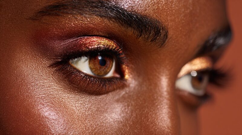 Close up of eye with vibrant metallic eyeshadow on deep skin tone