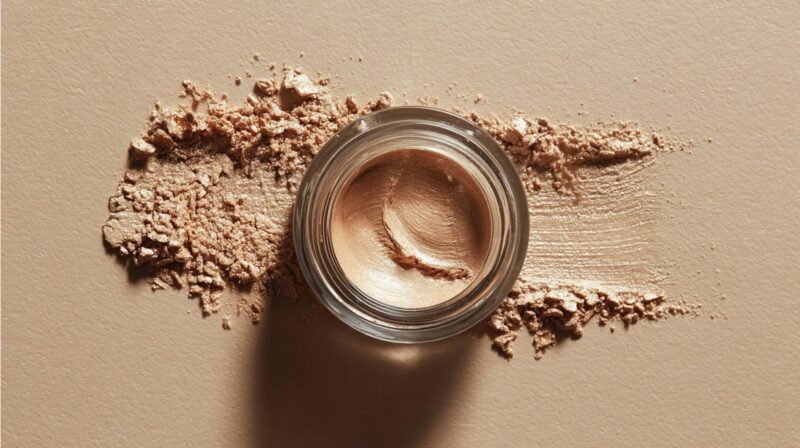 Jar of creamy eyeshadow with crushed powder pigment on a surface