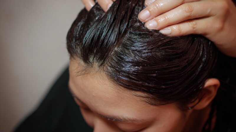 Close up of a person massaging product into their scalp and hair