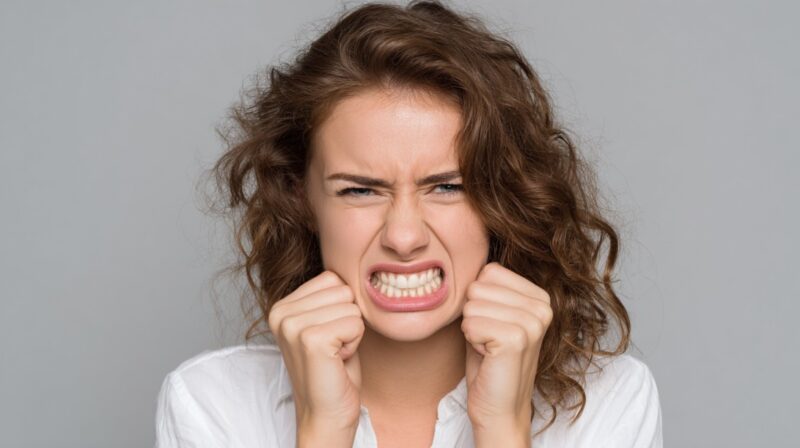 Person clenching their teeth tightly with fists raised near their face, showing jaw tension