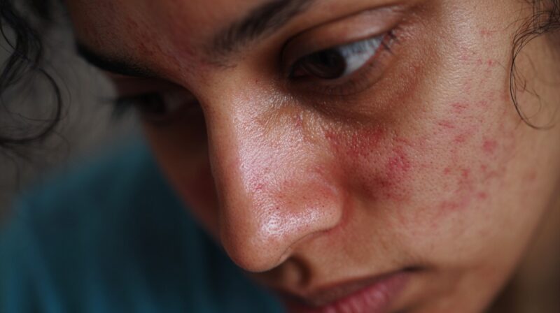 Close up of a person’s face showing redness and skin irritation on the cheek