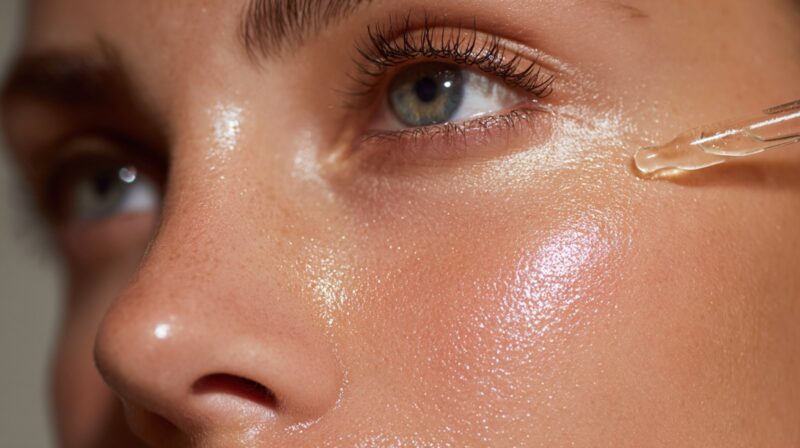 Close up of a person applying serum with a dropper to their cheek