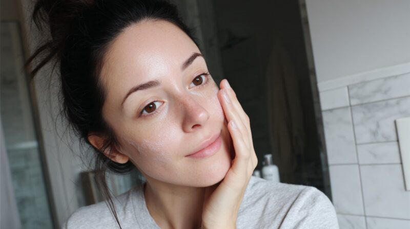 Person applying skincare product to their cheek in a bathroom