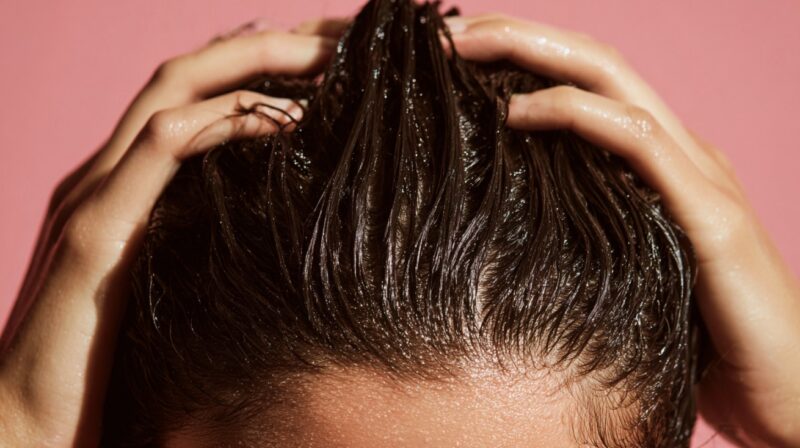 Close up of hands massaging a wet scalp with hair slicked back against a pink background