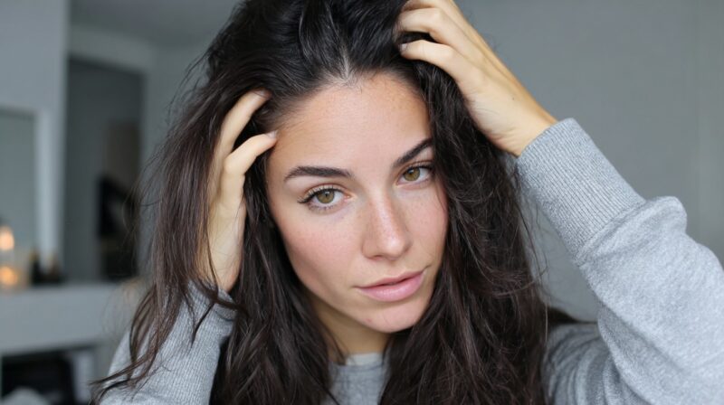 Woman gently massaging her scalp with both hands indoors