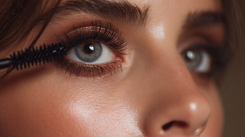 Close-up of an eye with mascara being applied to long, defined eyelashes
