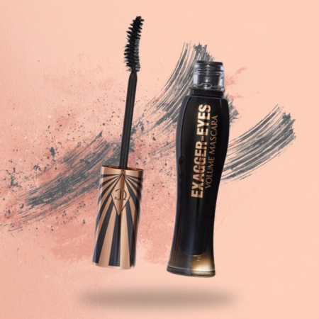 Mascara tube and wand with curved brush designed for volume and definition