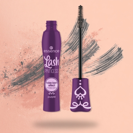 Purple mascara tube and wand with sculpted brush designed for volume and lash separation